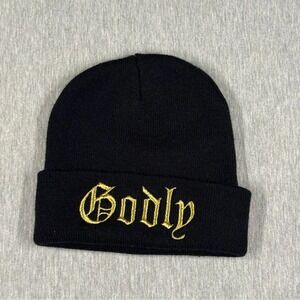 Godly‎ Black Knit Beanie Gold Embroidered Gothic Script Unisex Hat